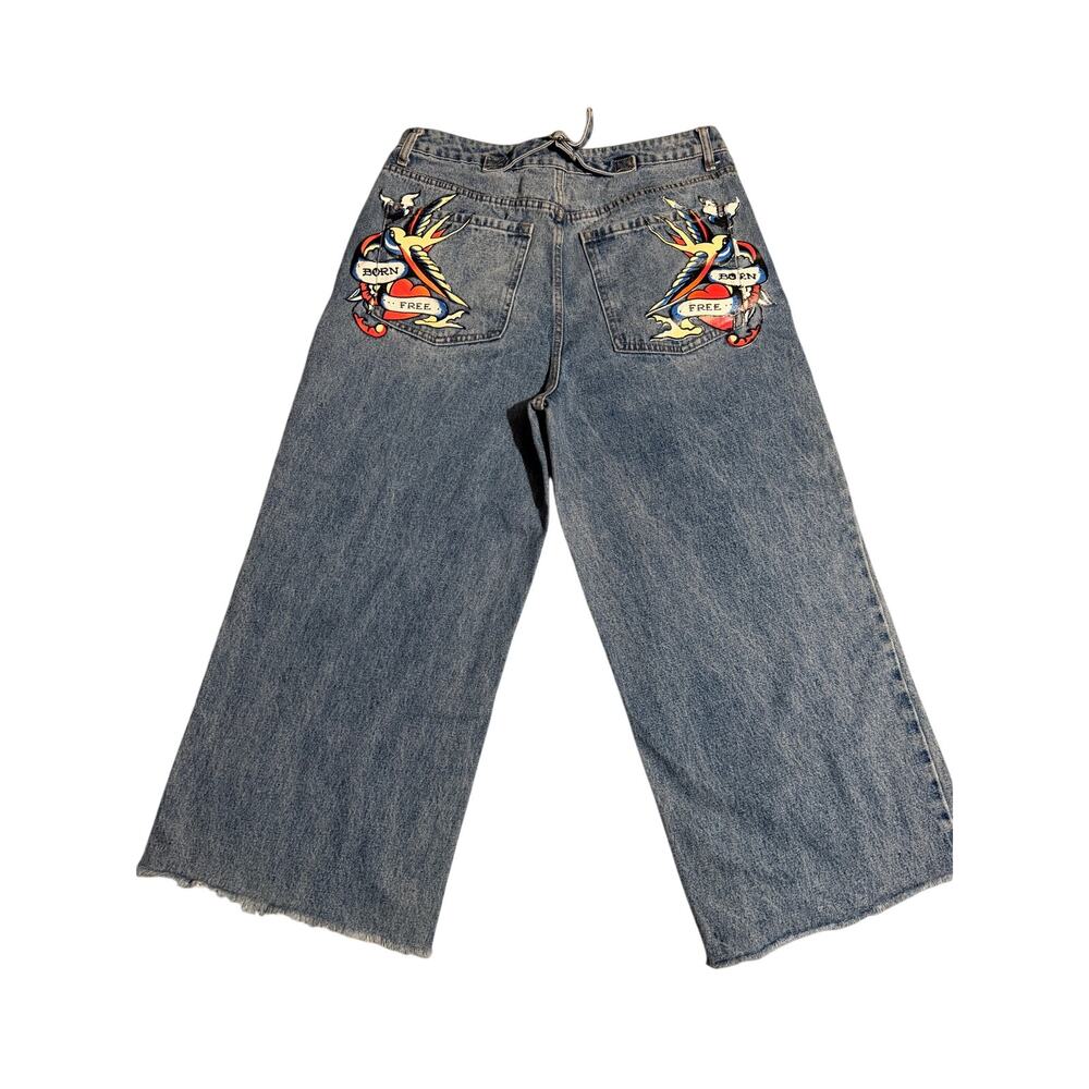 Ed Hardy "Born Free" Tattoo Baggy Wide-Leg Cinch-Back Jeans